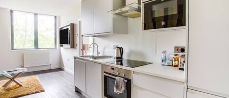 Fridge, microwave, stovetop, electric kettle