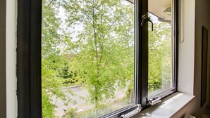 Una ventana con vista a una calle arbolada.