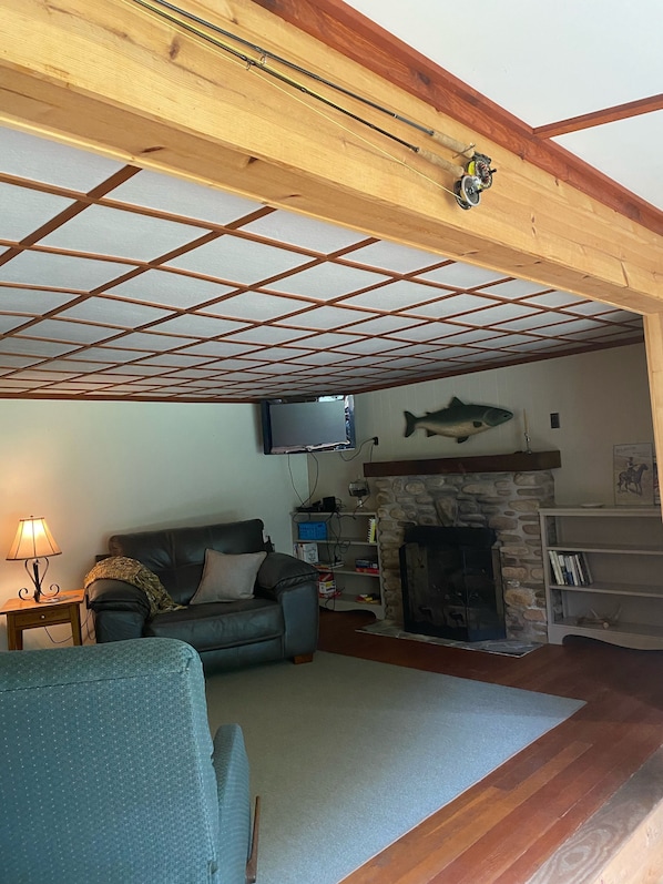 A cozy living room with a fireplace, a mounted fish, a television, and a bookshelf.
