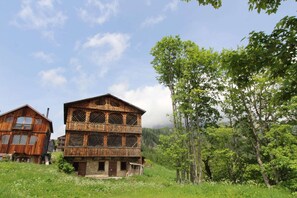 A rustic wooden building with multiple windows and balconies, surrounded by lush greenery and trees.