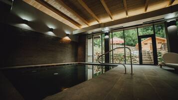 An indoor swimming pool with a wooden ceiling and stone walls, a glass door leading outside, and a chair near the pool.
