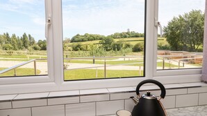 A kitchen with a view of a park through large windows, a kettle, and two striped mugs on the counter. - Champagne (Ryde)