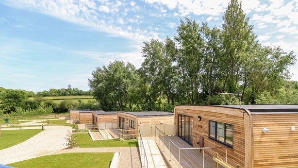 A row of modern, wooden cabins with large windows and balconies, set in a lush, green landscape with a clear sky. - Champagne (Ryde)