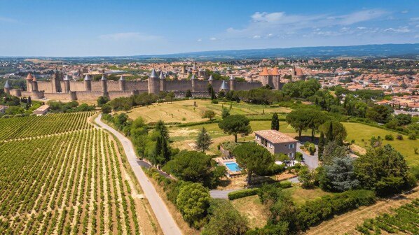 An aerial view of a historic castle with a vineyard, a swimming pool, and a small building with a red roof.