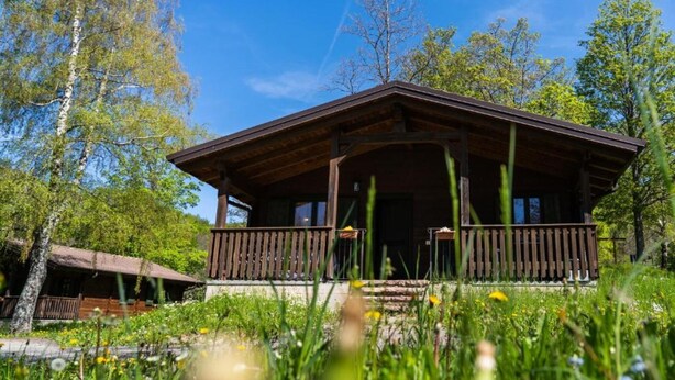 A wooden cabin with a balcony, surrounded by trees and grass. - Chalet Scoiattolo with Mountain Views and Terrace (Capanne)
