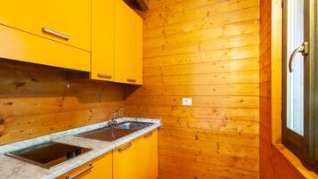 Een kleine keuken met houten wanden, een spoelbak en een ingebouwd fornuis.