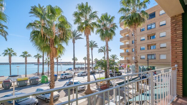 Ein Balkon mit Blick auf einen Strand, Palmen, geparkte Autos und ein Gebäude mit zahlreichen Fenstern.