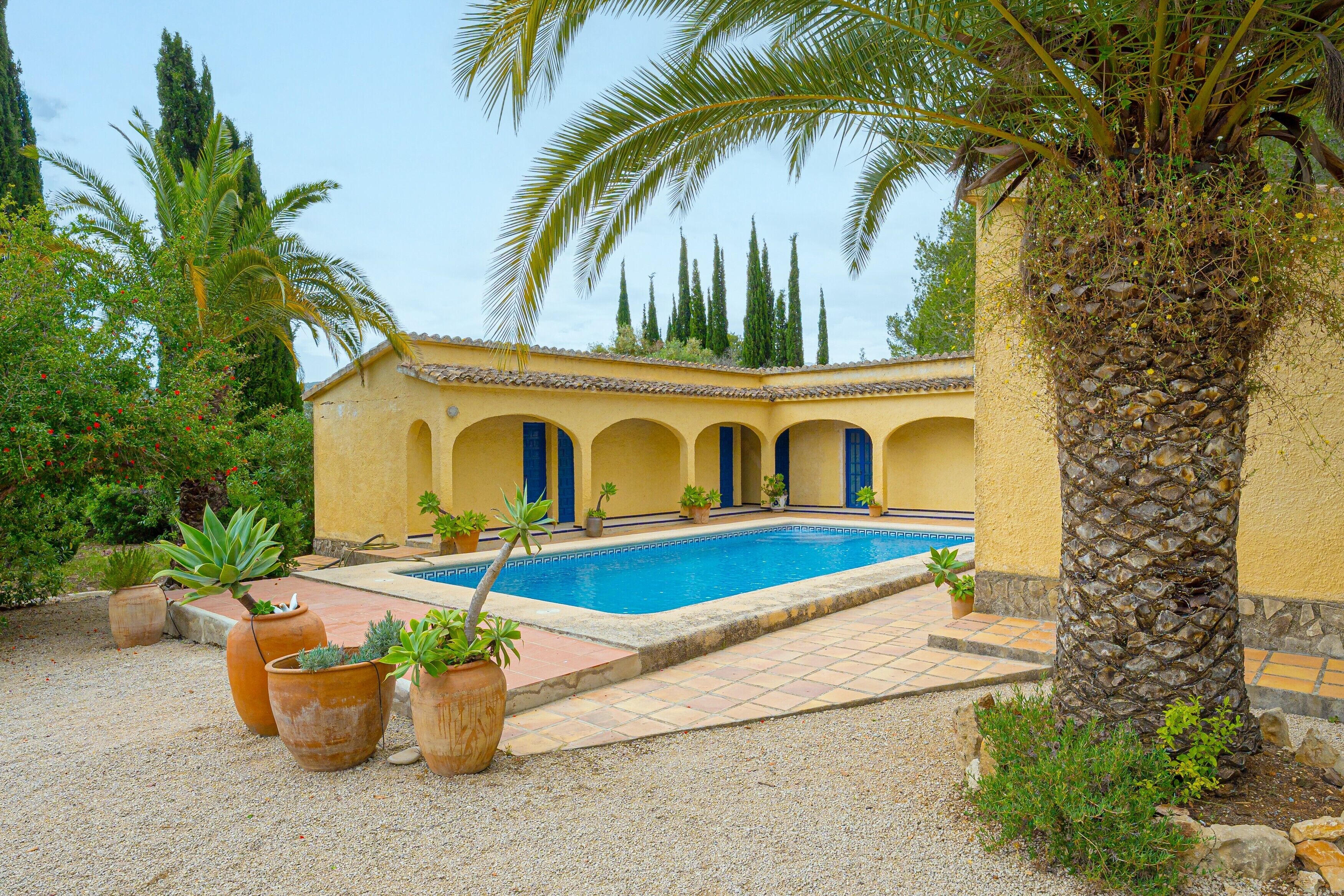 Ein Pool mit Fliesenveranda, ein gelbes Gebäude mit blauen Türen und Blumentöpfen.