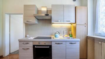 Fridge, oven, stovetop, coffee/tea maker