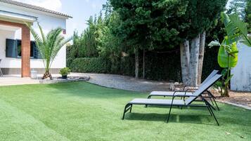 A well-maintained lawn with two lounge chairs, a white building with a tiled roof, and a dense green hedge.