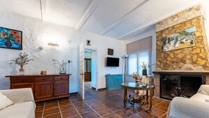 Un salon avec une cheminée, un téléviseur, une table à manger et un canapé.