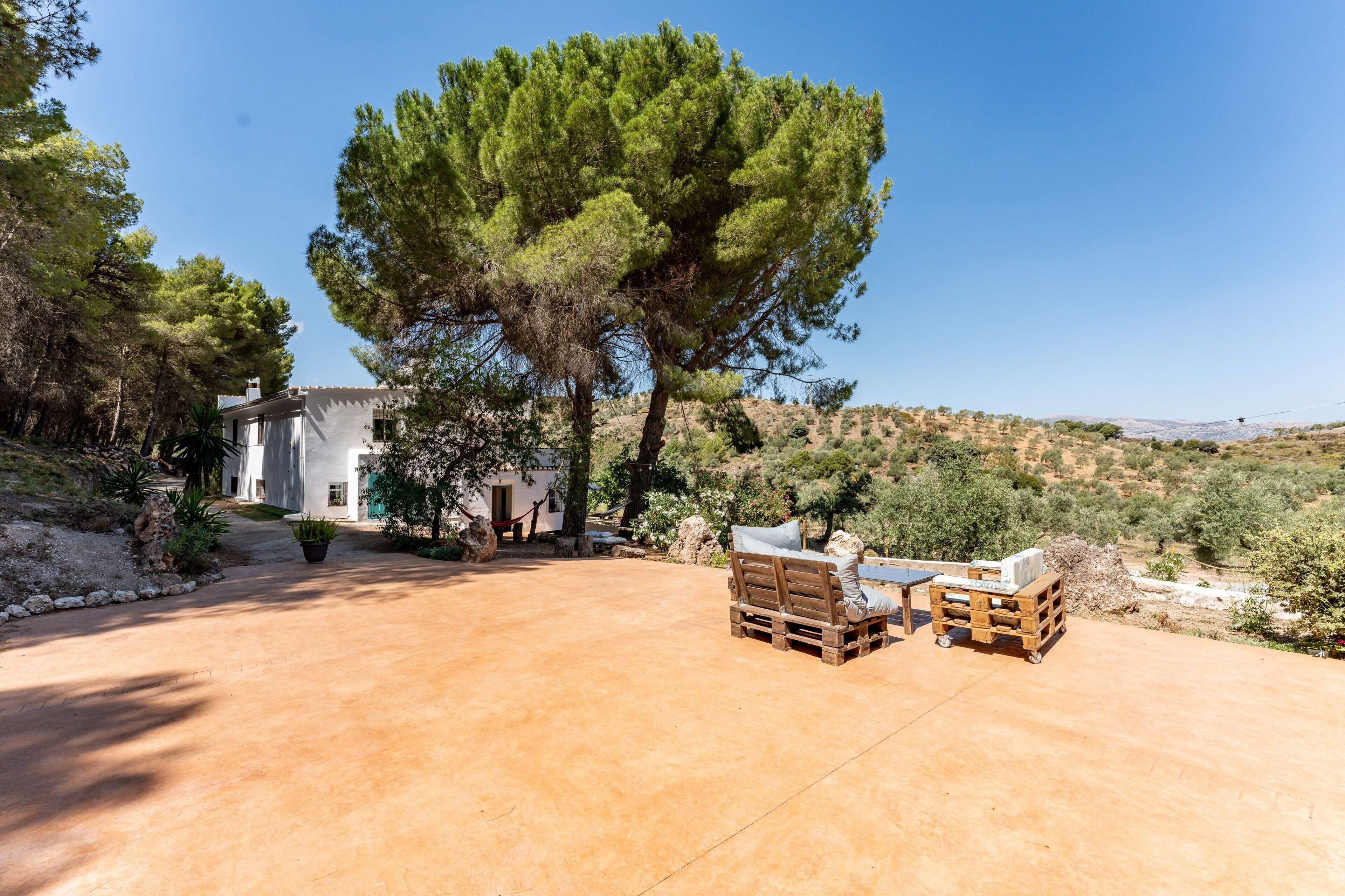 Una casa con un patio, un árbol grande y vistas al campo.