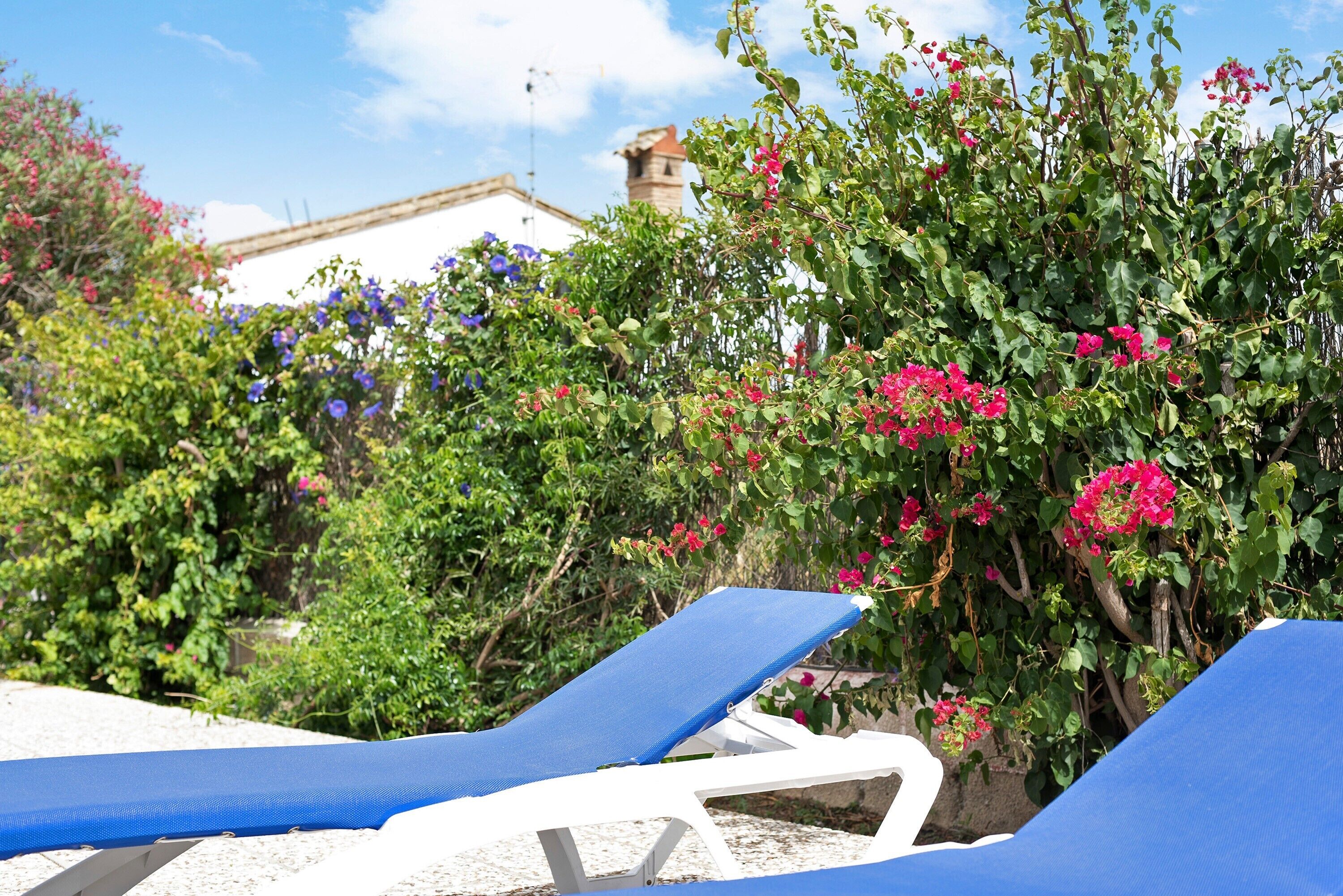 A poolside area with lounge chairs, a stone wall, and flowering plants.