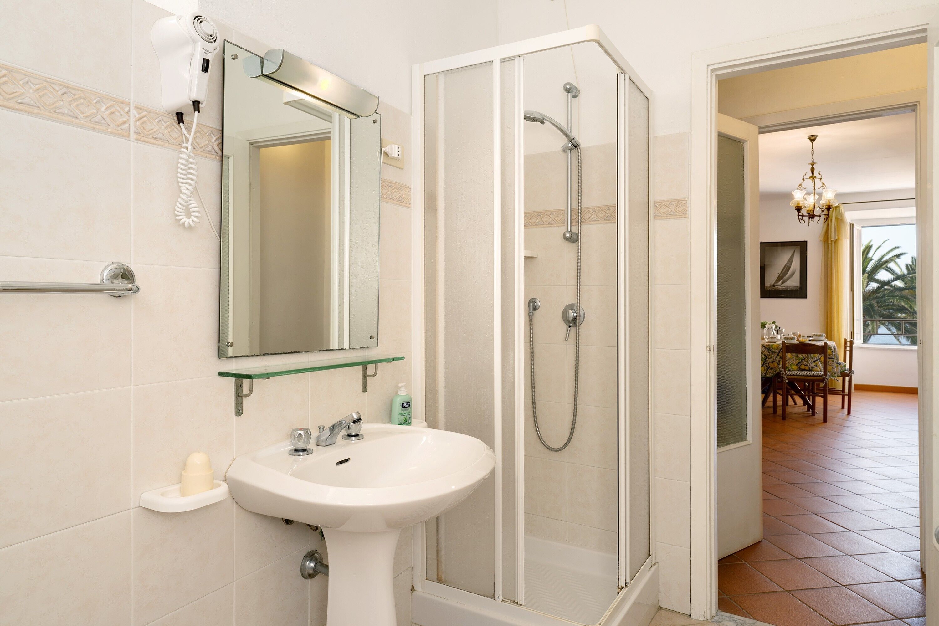 Shower, hair dryer, towels