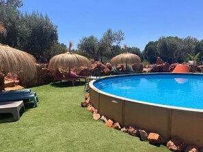 Ein Schwimmbecken mit Liegestühlen und Strohdächern.