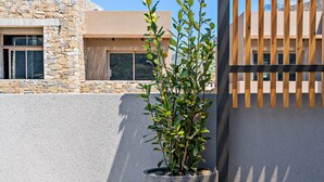 A potted plant on a balcony with a view of a building with stone and stucco exterior walls. - Paligremnos Residence I, sublime beachside retreat (Plakias)