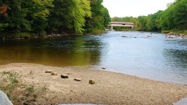 A riverbank with a wooden bridge, surrounded by dense trees. - The Gnome Home Cottage located near white mountain NH (Campton)