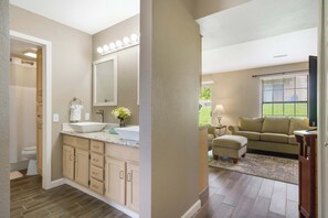 Condo, 1 King Bed, Patio, Garden View (Abby Lane Leisure Time) | Bathroom | Combined shower/tub, towels, toilet paper