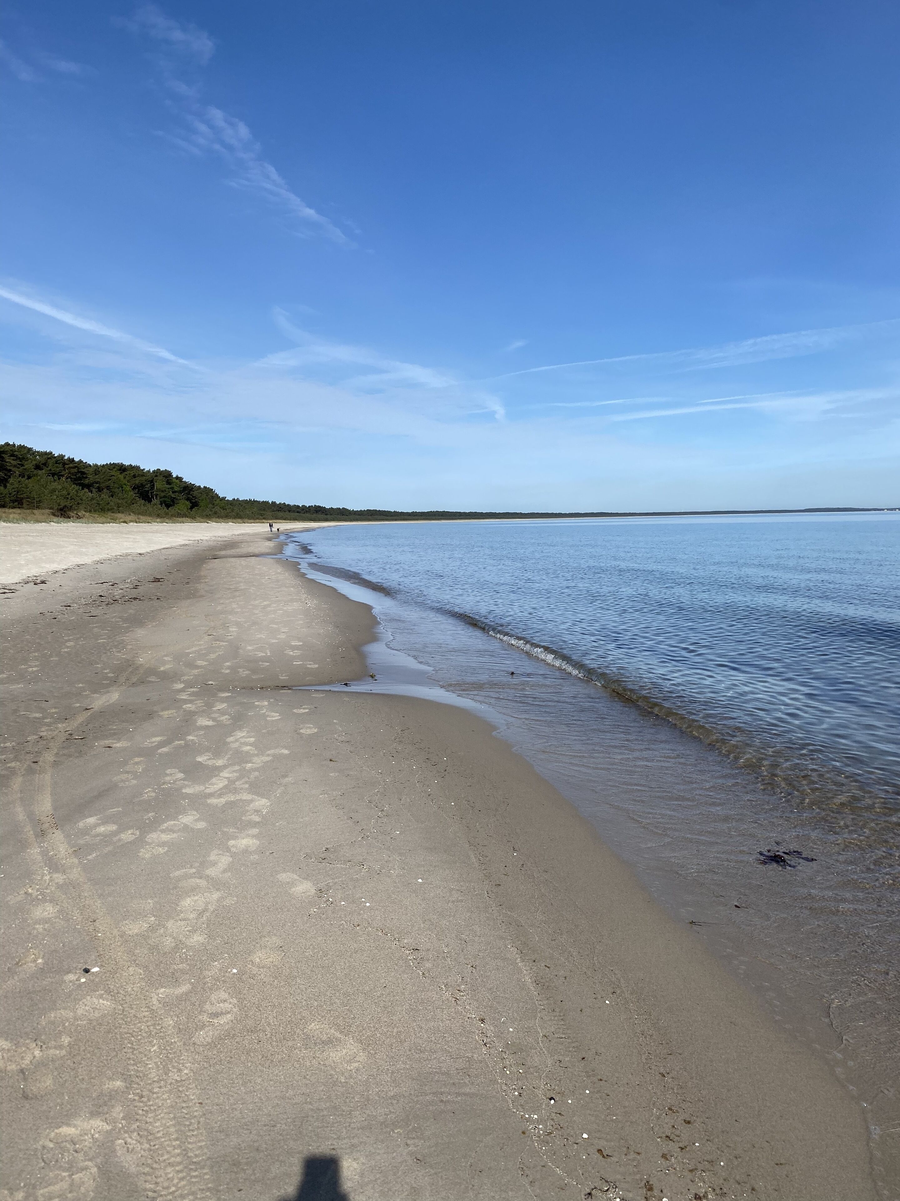 A wide sandy beach with gentle waves, a clear sky, and a forested hill in the distance.