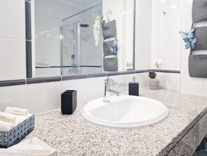 Shower, hair dryer, bidet, towels