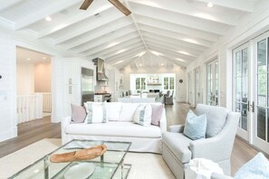 Smart TV, fireplace, books