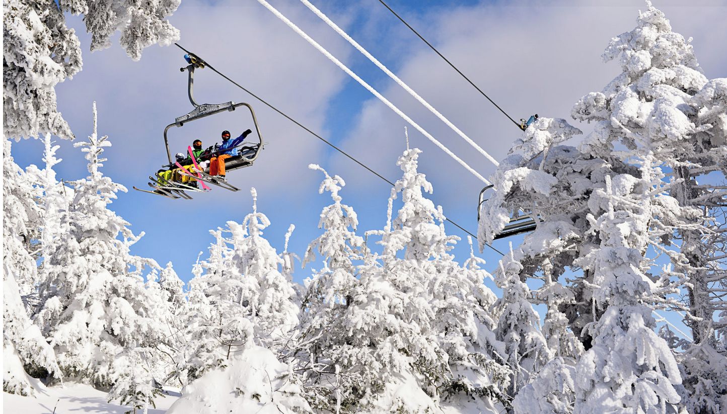 Un telesilla con pasajeros, rodeado de árboles cubiertos de nieve.