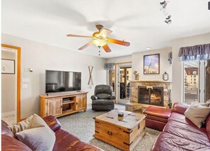 Smart TV, fireplace, books