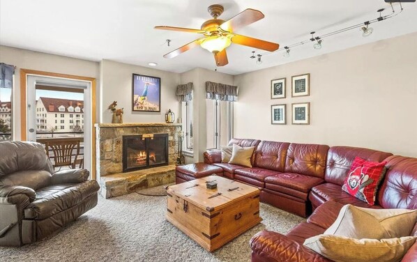 Smart TV, fireplace, books