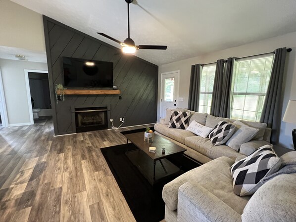 Télévision, cheminée, lecteur de DVD