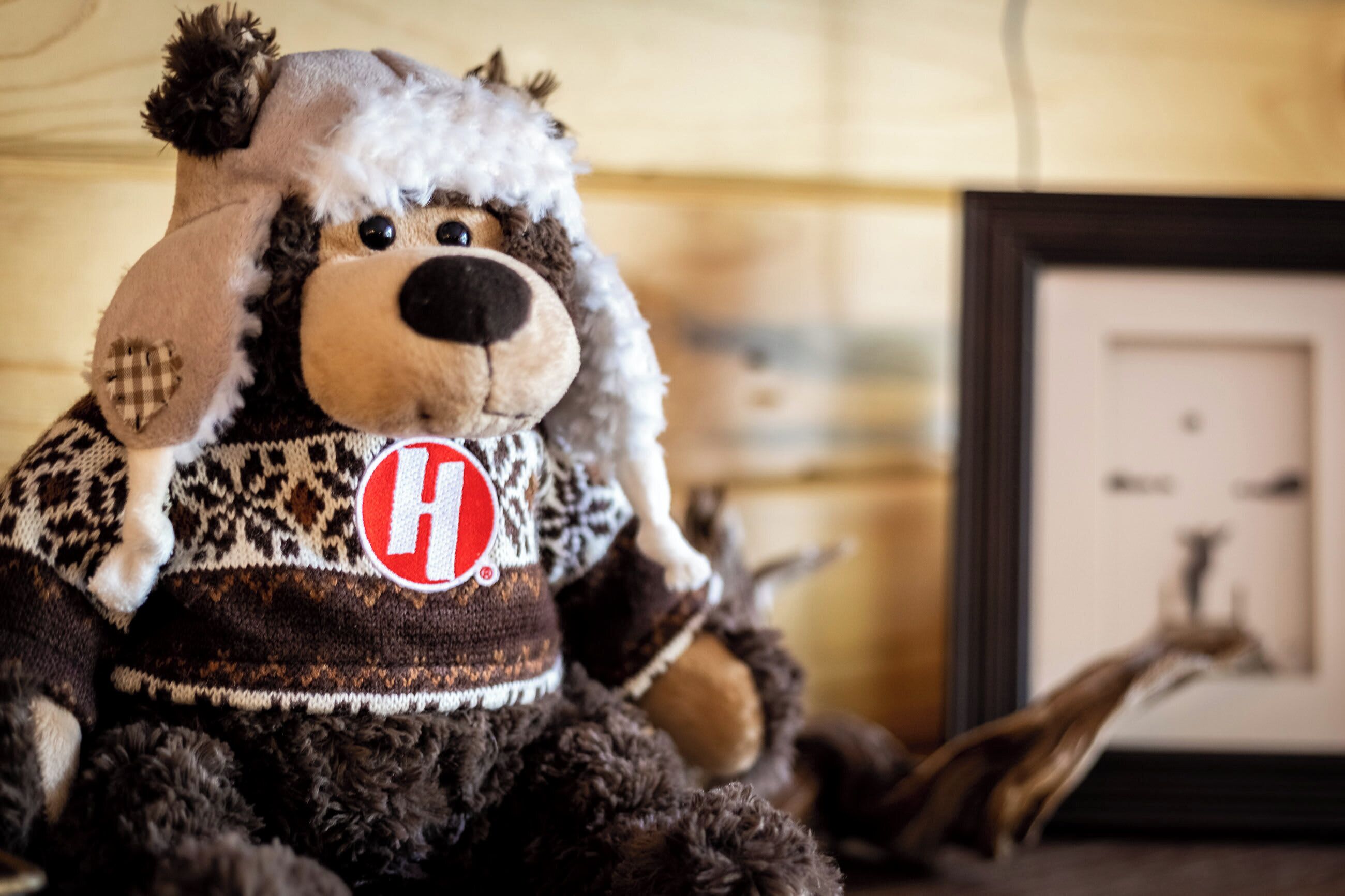 Un peluche con un gorro a cuadros y un suéter con un logo, sobre una superficie texturizada.