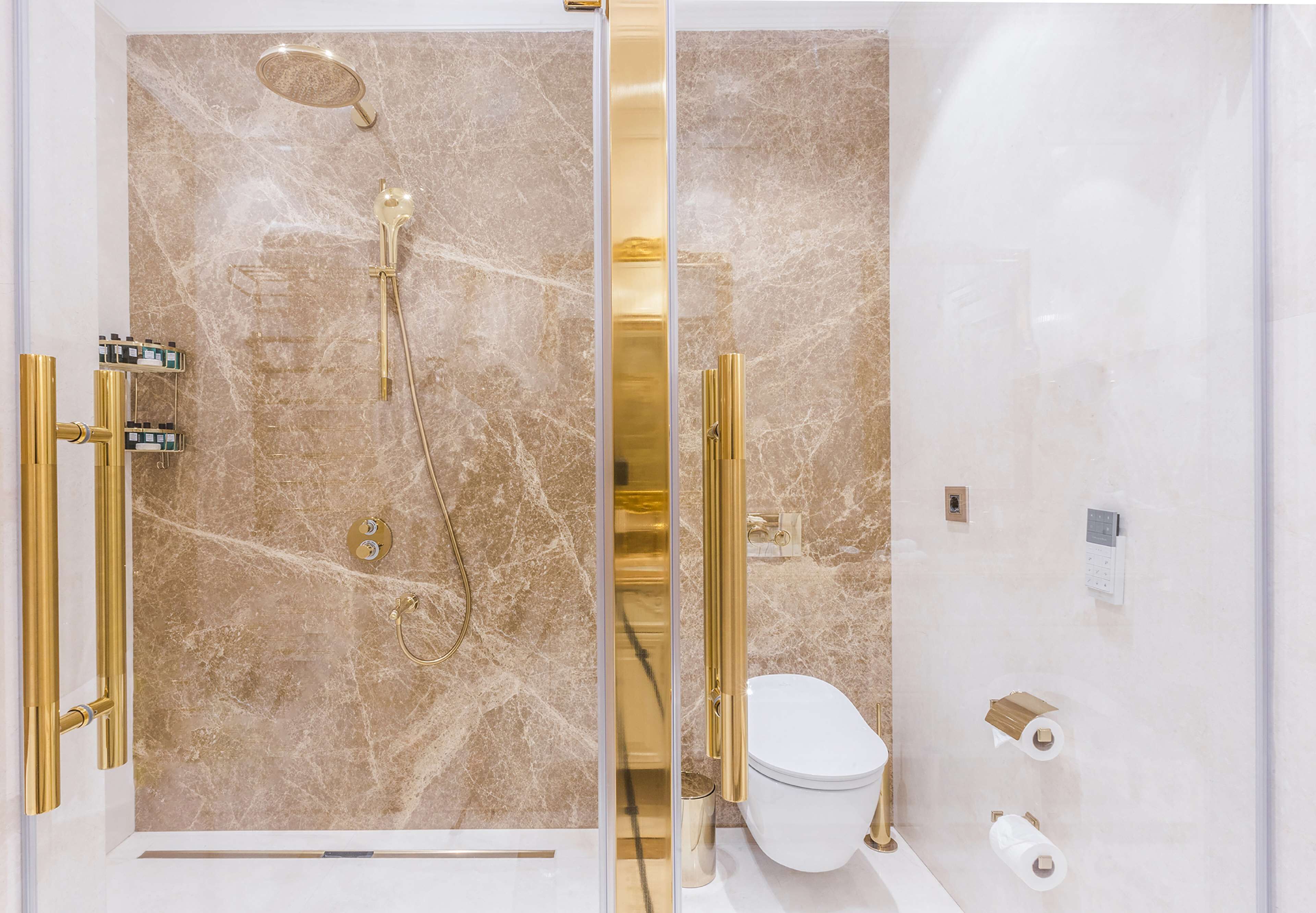 A modern bathroom with a glass-enclosed shower, a white toilet, and a marble wall.