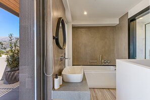Combined shower/tub, jetted tub, hair dryer, towels