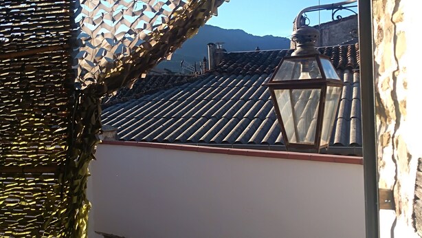 Un toit-terrasse avec une toiture en tôle ondulée, un auvent en métal et une vue sur les montagnes lointaines.