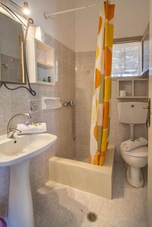 Shower, hair dryer, towels