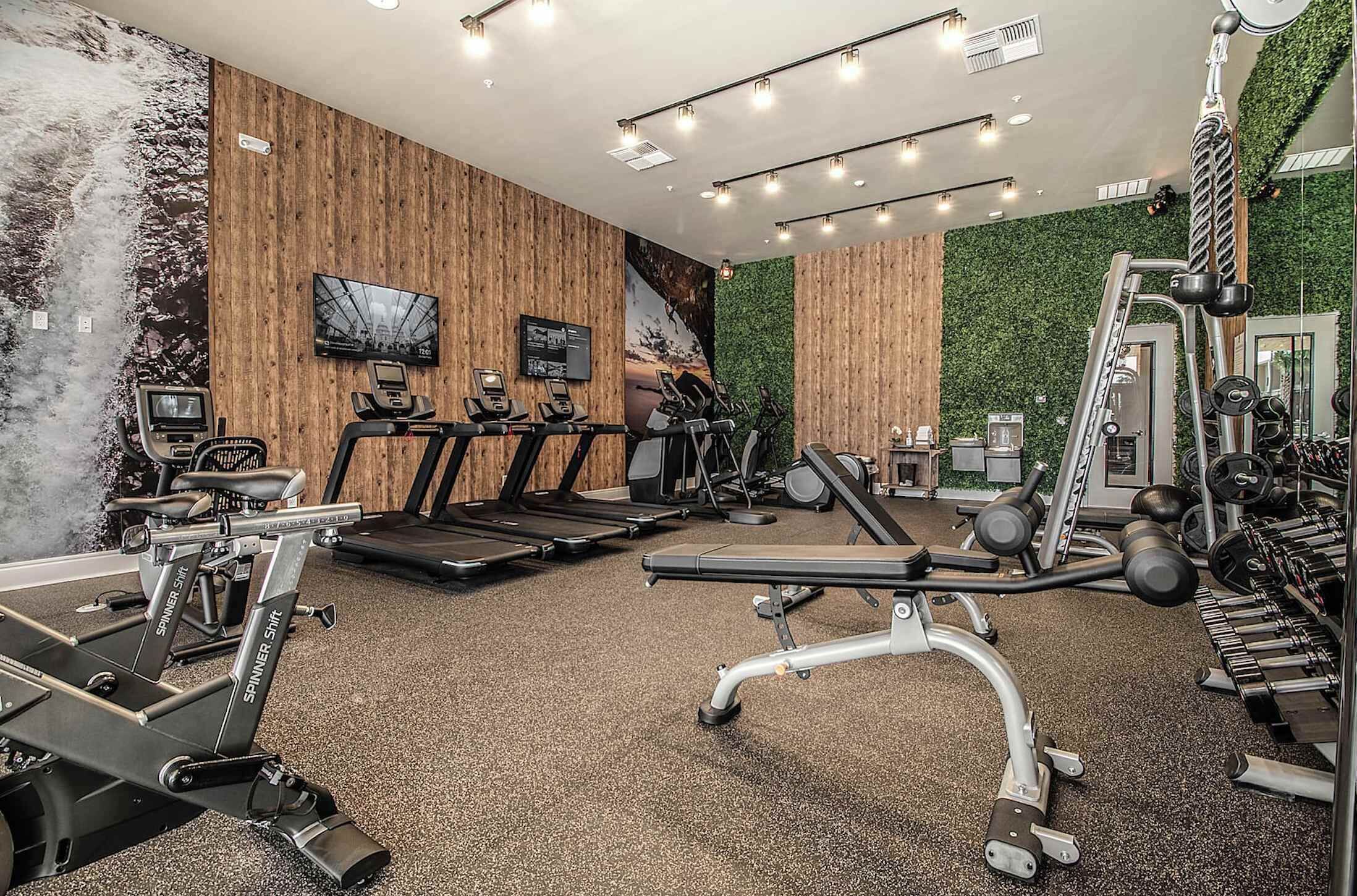 A gym with treadmills, stationary bikes, and weight machines.
