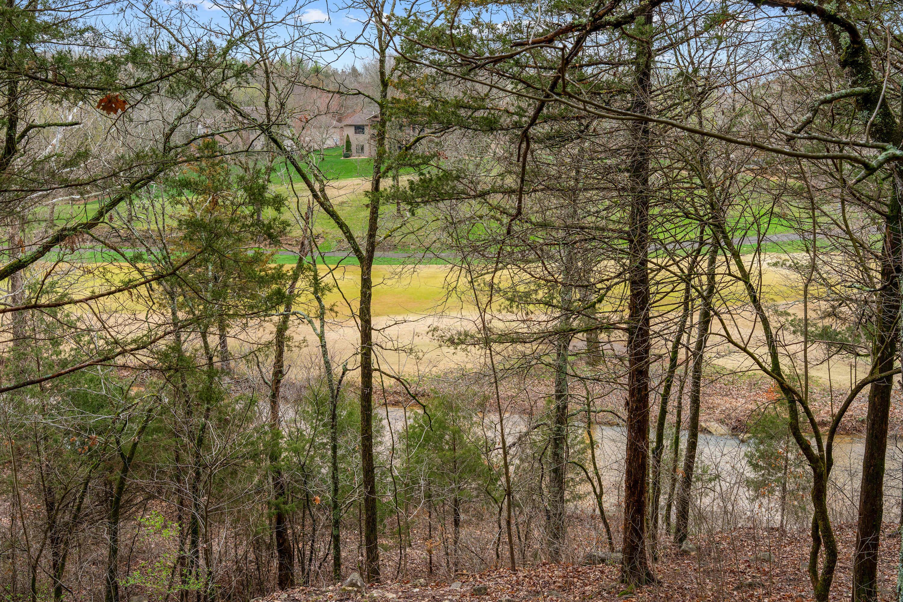 A forested area with a house in the background.