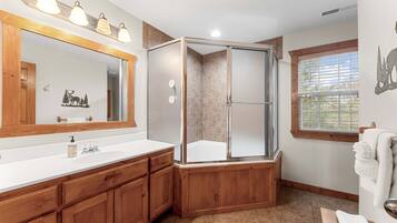 Cabin, Multiple Beds, Pool Access, Mountain View (The Lodge on the Creek) | Bathroom | Jetted bath, hair dryer, towels