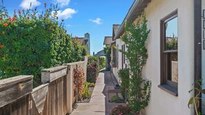 A narrow alleyway with a wooden fence, a concrete path, and houses on either side.