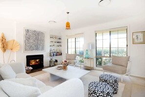 Televisión, chimenea y libros