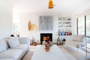 TV, fireplace, books