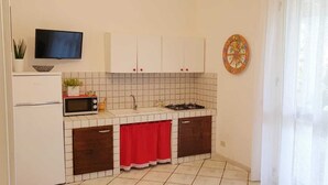 A compact kitchen with a microwave, stove, and sink. A television is mounted above the counter, and a decorative plate hangs on the wall. - Il Canneto Vecchia Marina (castelvetrano)