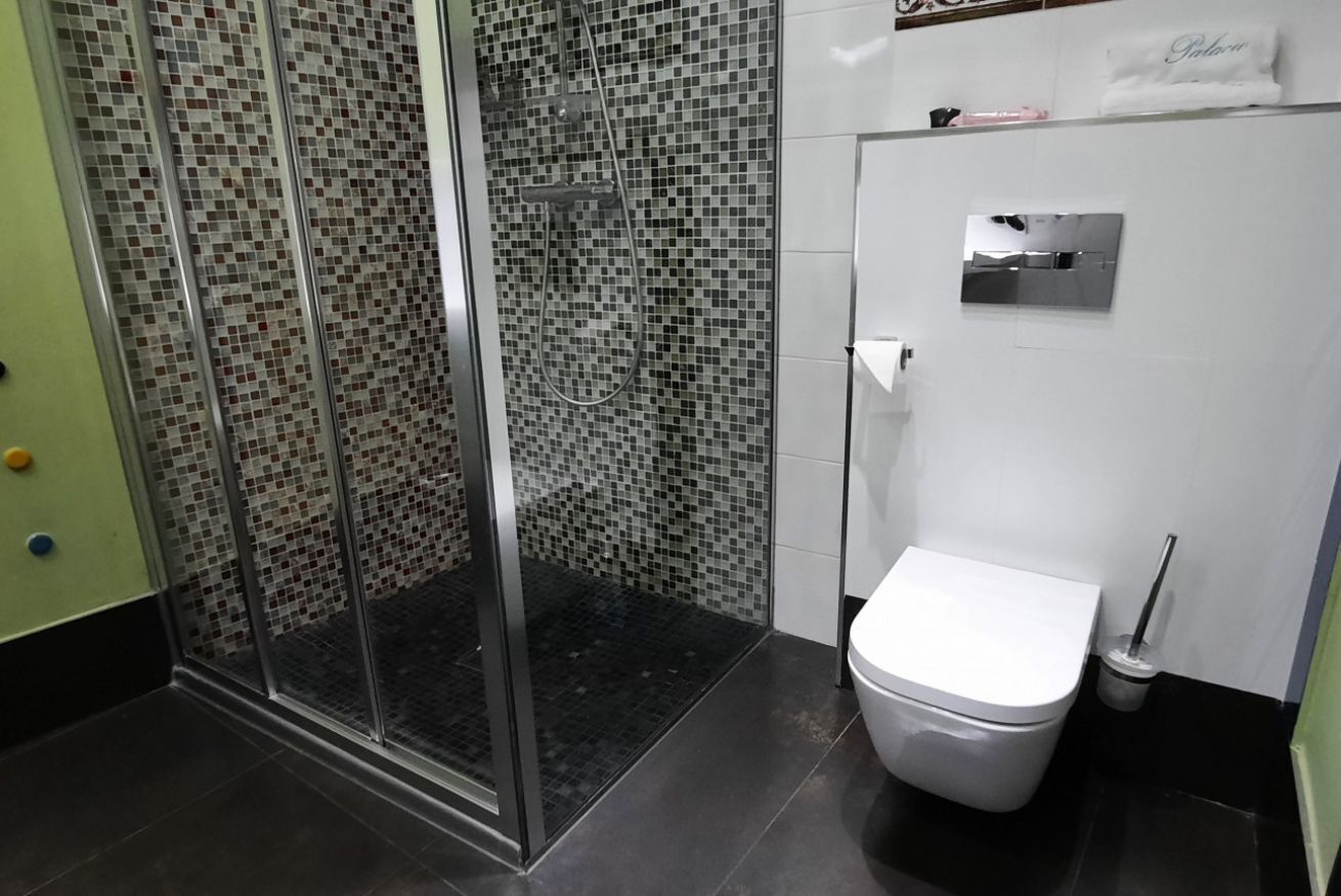 Een badkamer met een douchecabine van glas, een wit toilet en een betegelde wand.