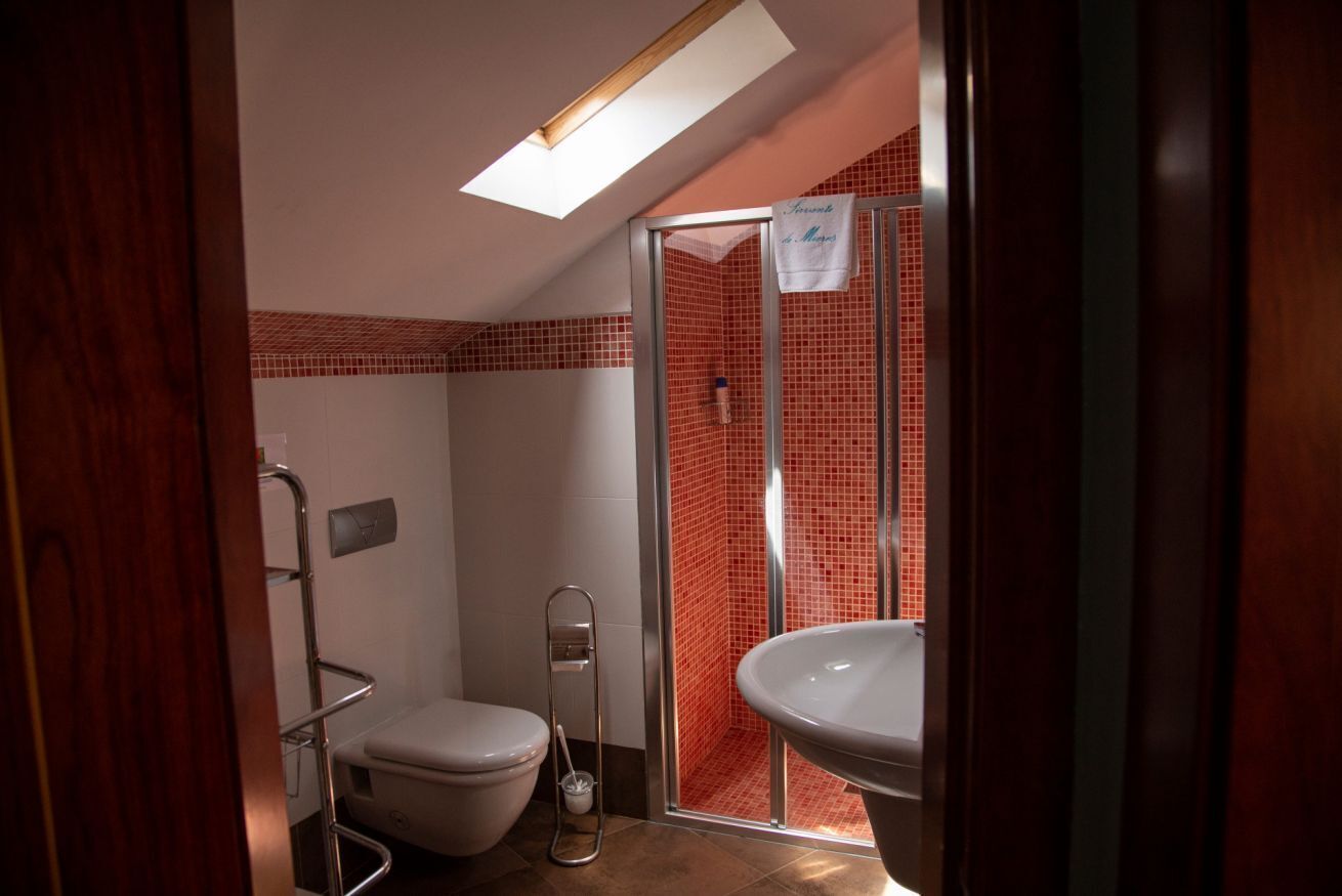 A bathroom with a white toilet, a glass shower enclosure, and a white sink.