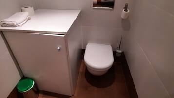 Een kleine badkamer met toilet, wastafel, prullenbak en een handdoek op het aanrecht.