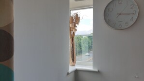 Ein Zimmer mit einer Wanduhr, einem Fenster mit Blick auf eine Straße und Bäume sowie einer Tür mit dekorativer Vorhang.