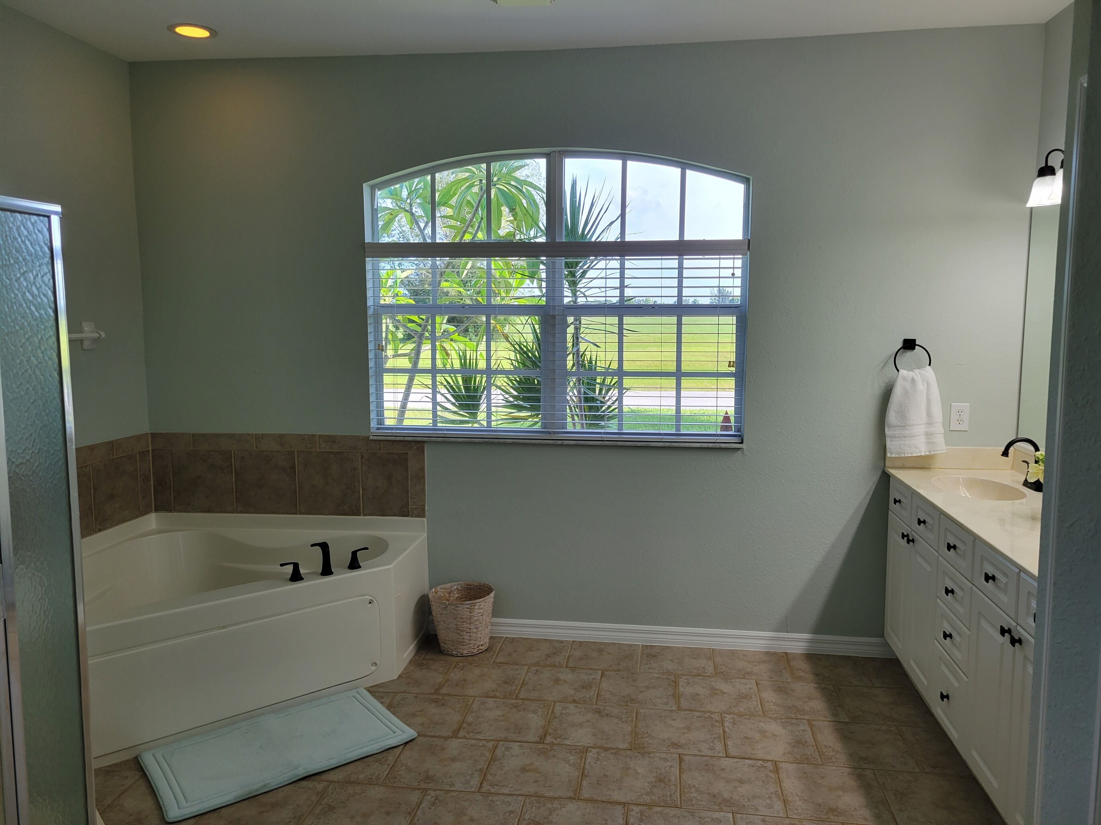 Une salle de bain avec une baignoire, une fenêtre donnant sur un espace verdoyant et un lavabo avec un miroir.