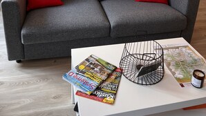 A modern living room with a grey sofa, red cushions, a coffee table with magazines and a candle, and a dining area in the background. - Beautiful renovated apartment with courtyard (Bagnères-de-Luchon)