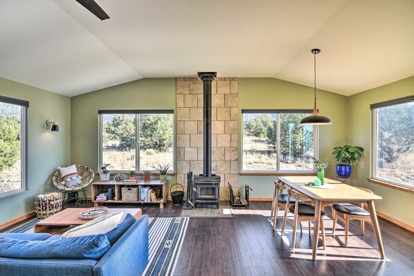 Fireplace, books