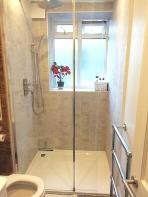 Dusche, Haartrockner, Handtücher, Seife