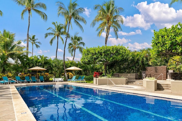 A swimming pool with clear blue water, surrounded by palm trees and lounge chairs.